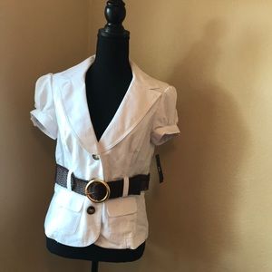 White button down blouse with brown belt